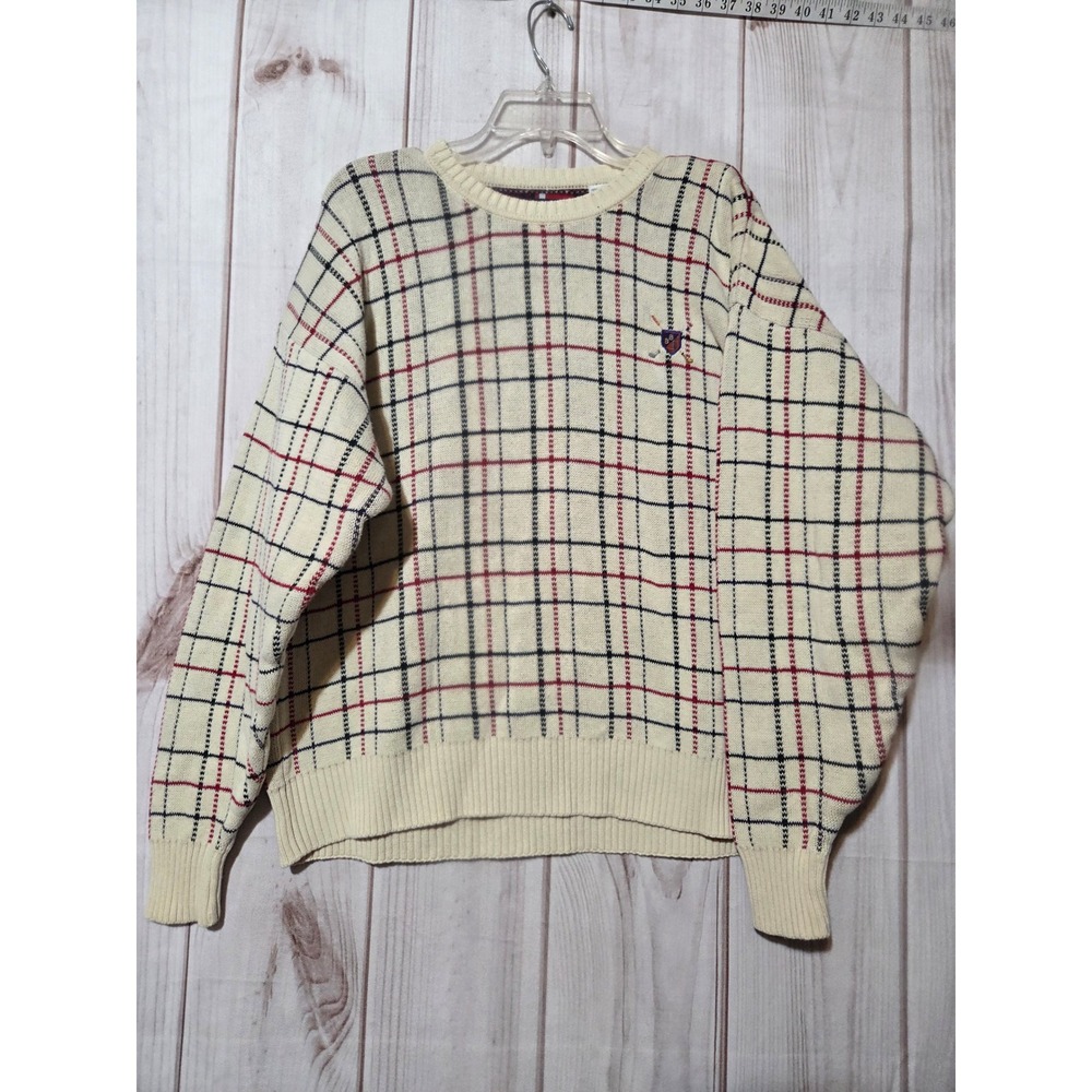 Bugle Boy Classics Mens Vintage Plaid Crewneck Sweater Cream Cotton Large